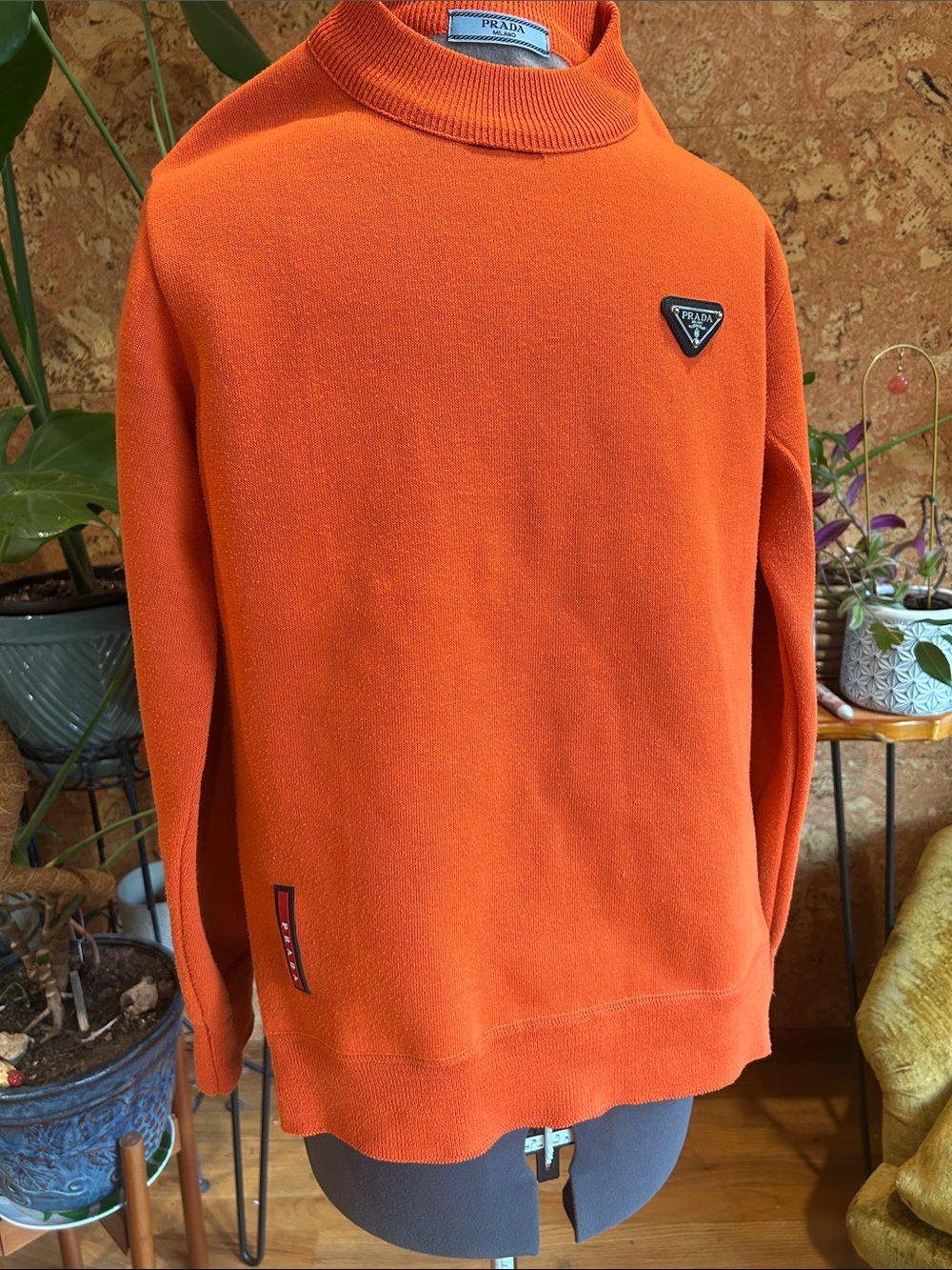 Prada Orange Crewneck Sweater with Triangle Logo
